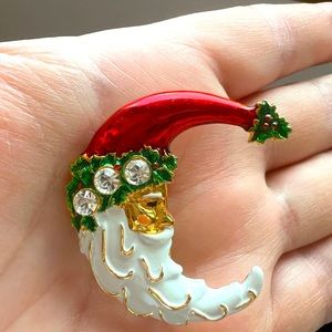 Vtg Signed 2004FL Santa Clause Christmas Brooch Pin Enamel Crescent Shape 1.5”